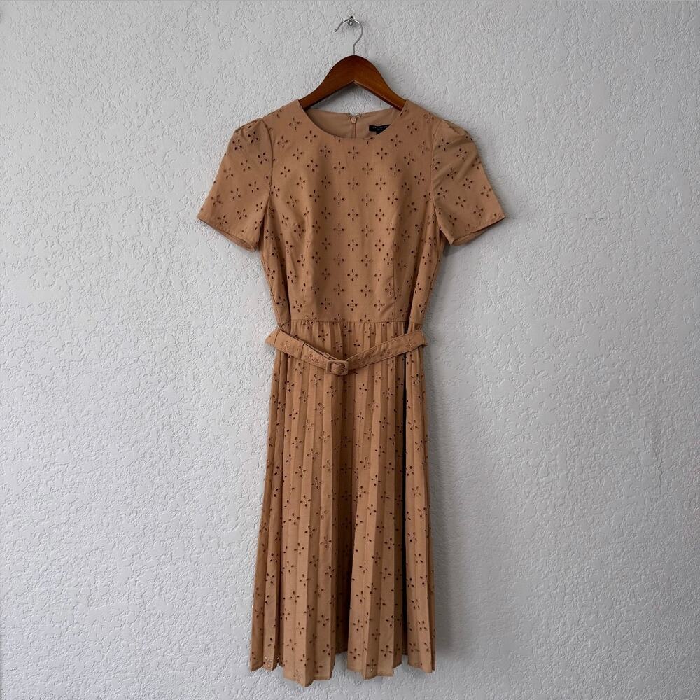 ann taylor tan eyelet short sleeve belted midi dress size 0 petite